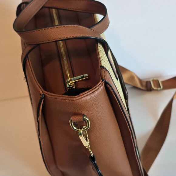 London Fog Large Woven Tote Crossbody Bag w/Pockets Brown/Tan Excellent Cond - Picture 5 of 10